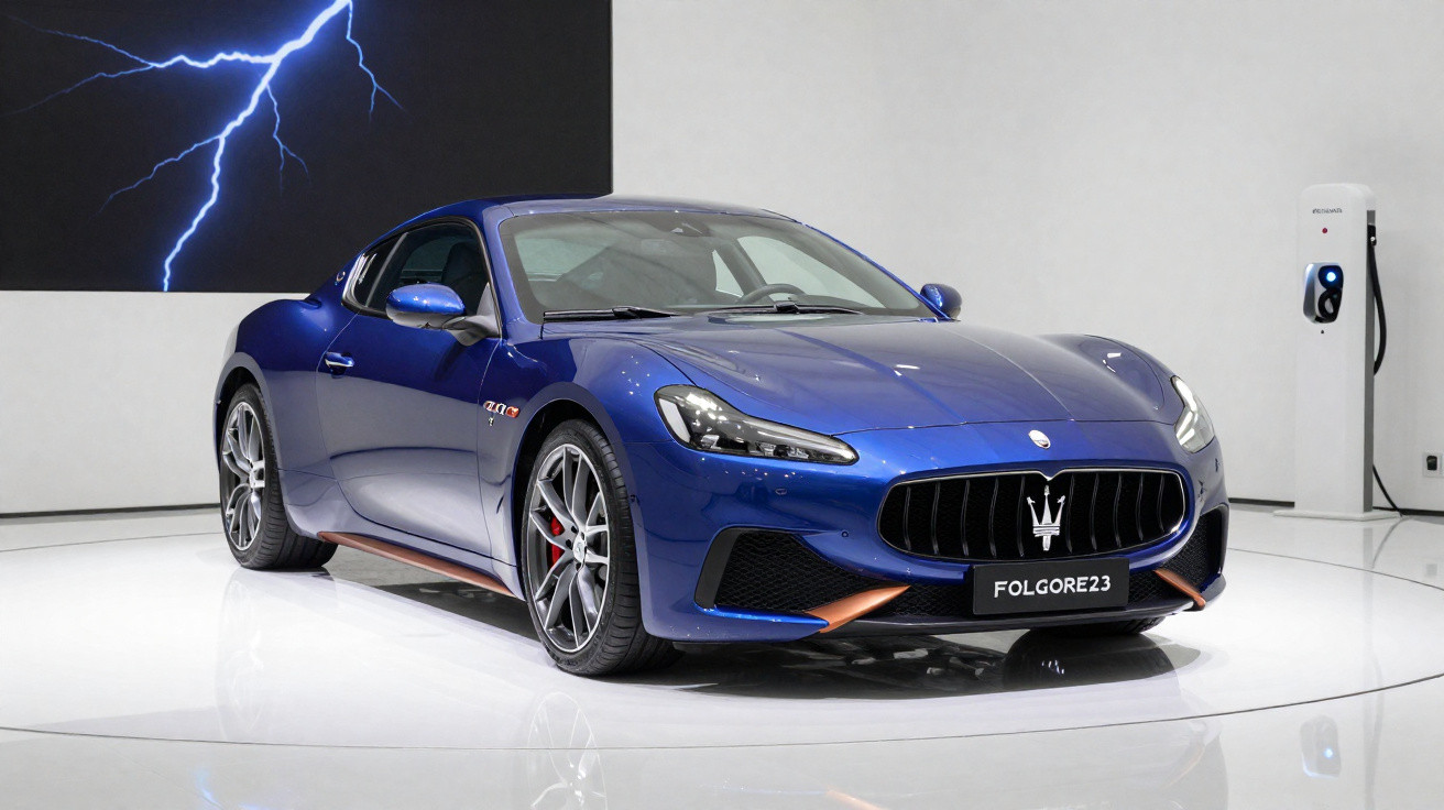 Carro esportivo azul Maserati elétrico exposto em ambiente moderno com tomada para recarga ao fundo.