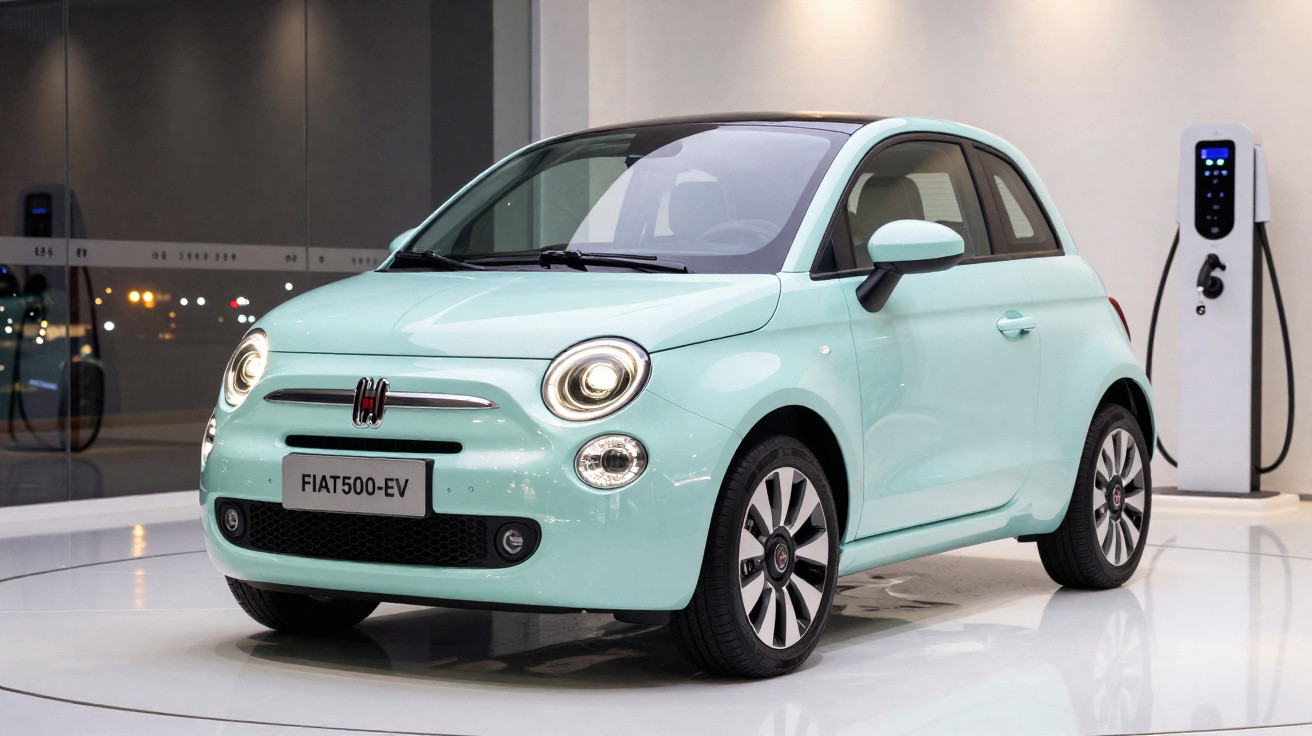 Carro elétrico Fiat 500 EV verde água estacionado em showroom com estação de recarga ao fundo.