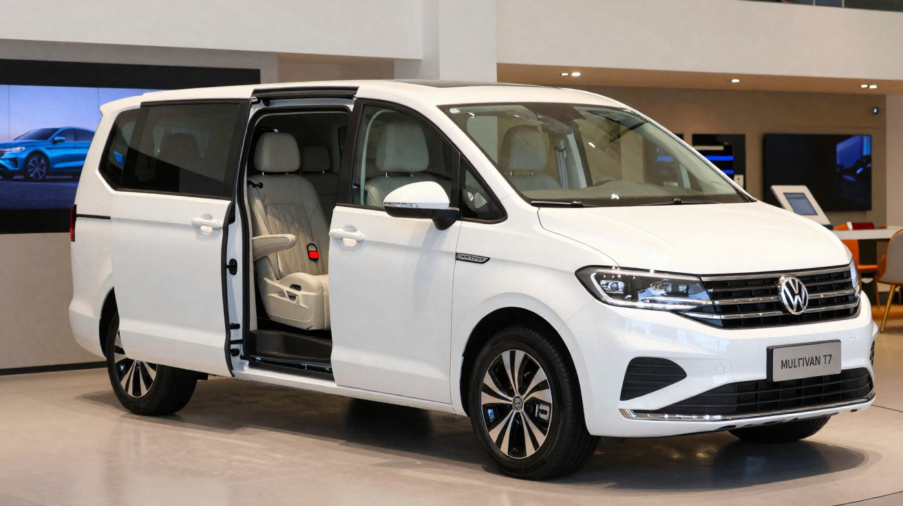 Van Volkswagen Multivan T7 branca com porta lateral aberta mostrando interior com bancos claros em showroom.