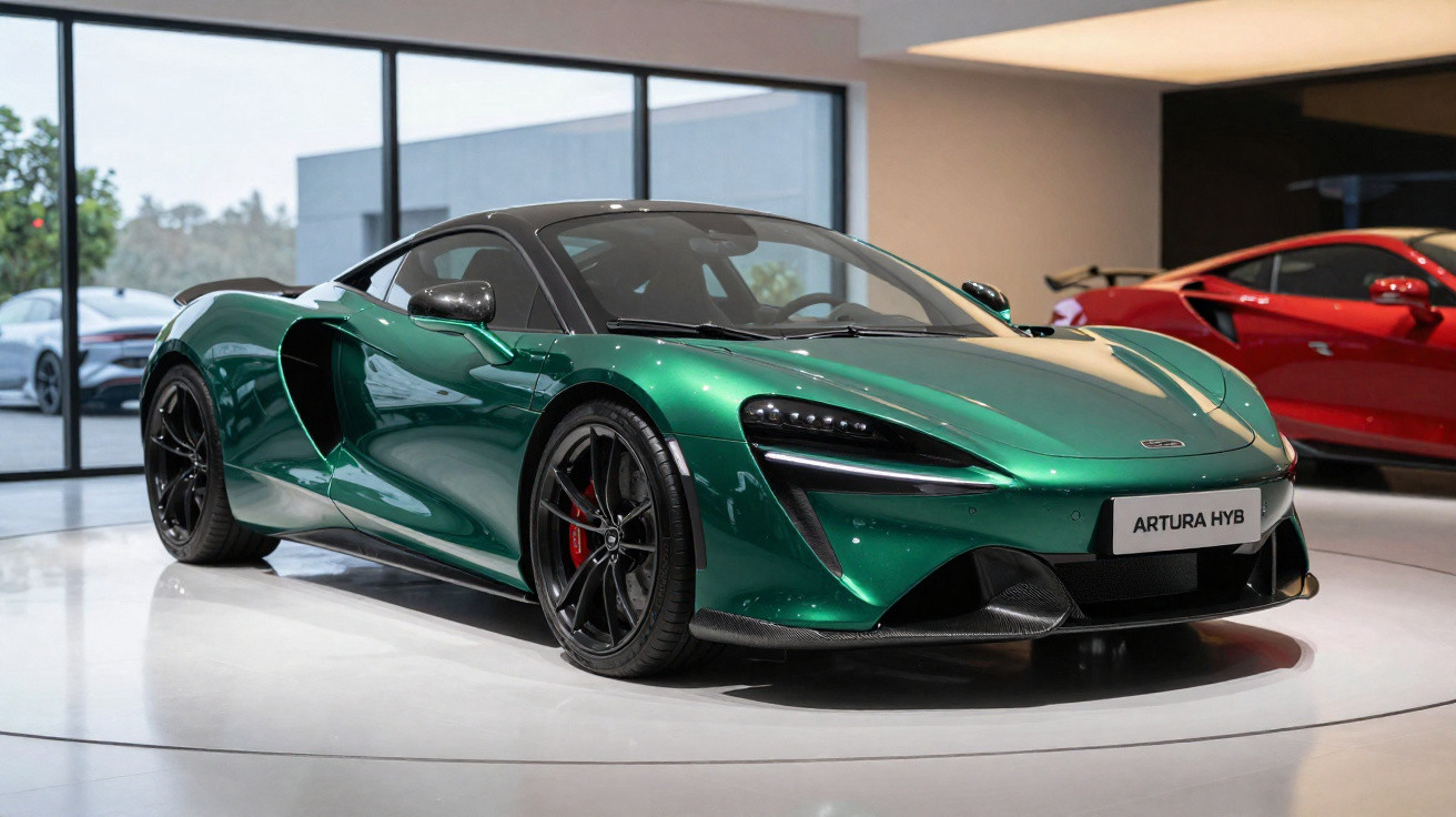 Carro esportivo verde metálico McLaren Artura HYB exibido em showroom moderno.