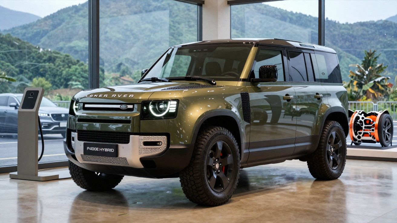 Land Rover Defender P400e híbrido exibido em showroom com fundo de janela e paisagem montanhosa.