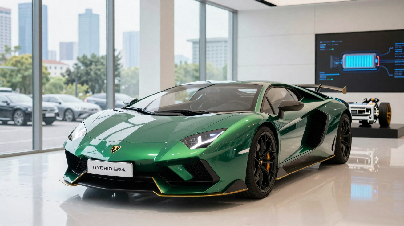 Carro esportivo verde Lamborghini Hybrid Era exposto em showroom com motor elétrico ao fundo.