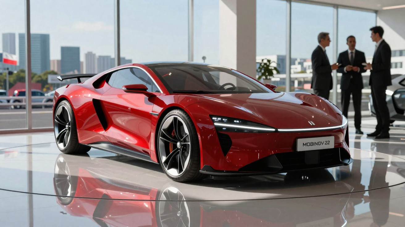 Carro esportivo vermelho brilhante com design aerodinâmico exibido em salão automotivo moderno.