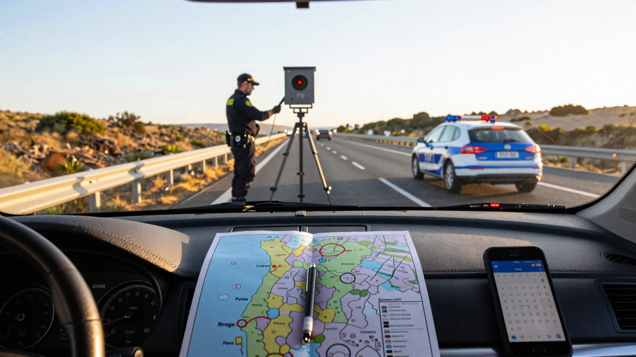 Vista do interior de um carro com mapa no painel e policial operando radar na rodovia com viatura ao fundo.