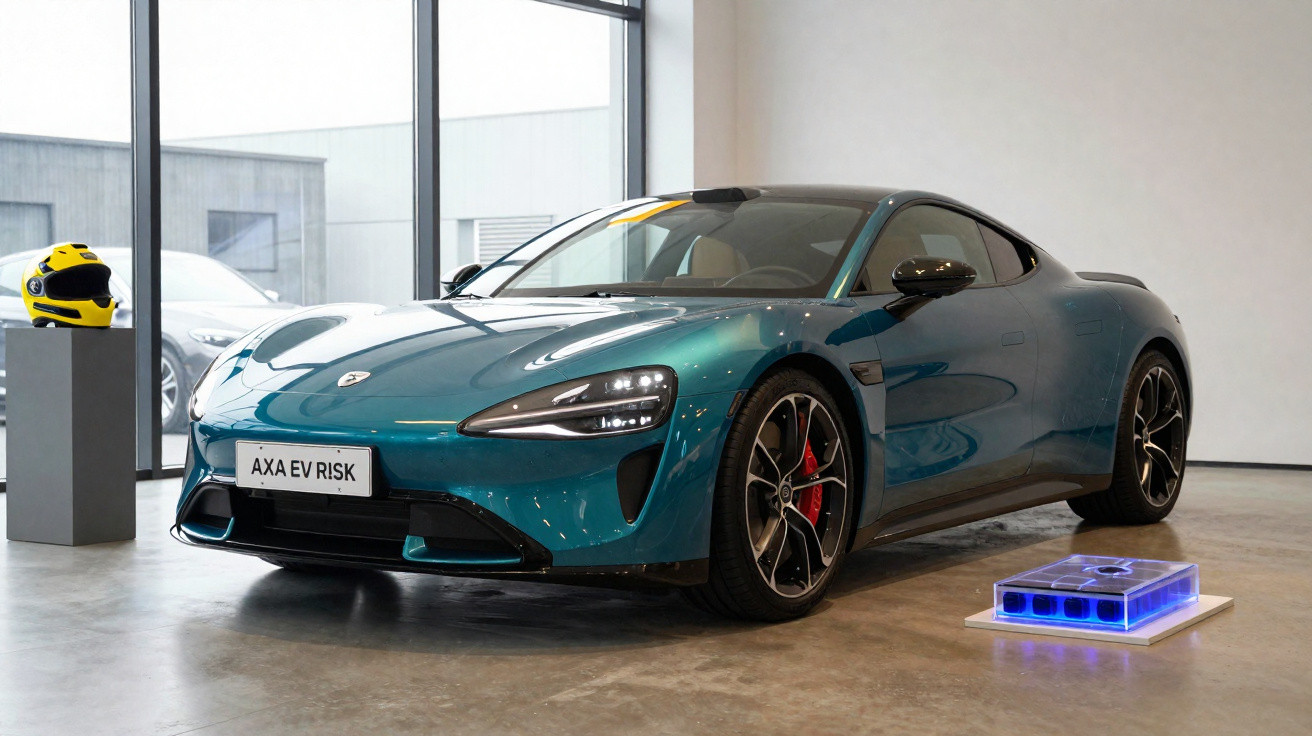 Carro esportivo elétrico azul em sala com vitrine e objetos decorativos ao redor.