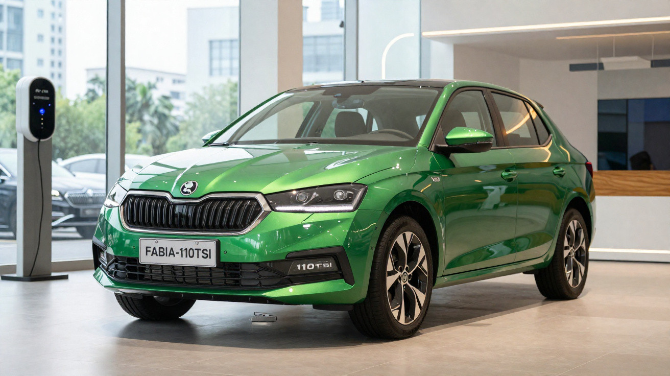Carro verde Škoda Fabia 110 TSI em showroom moderno com piso cinza e parede de vidro ao fundo.