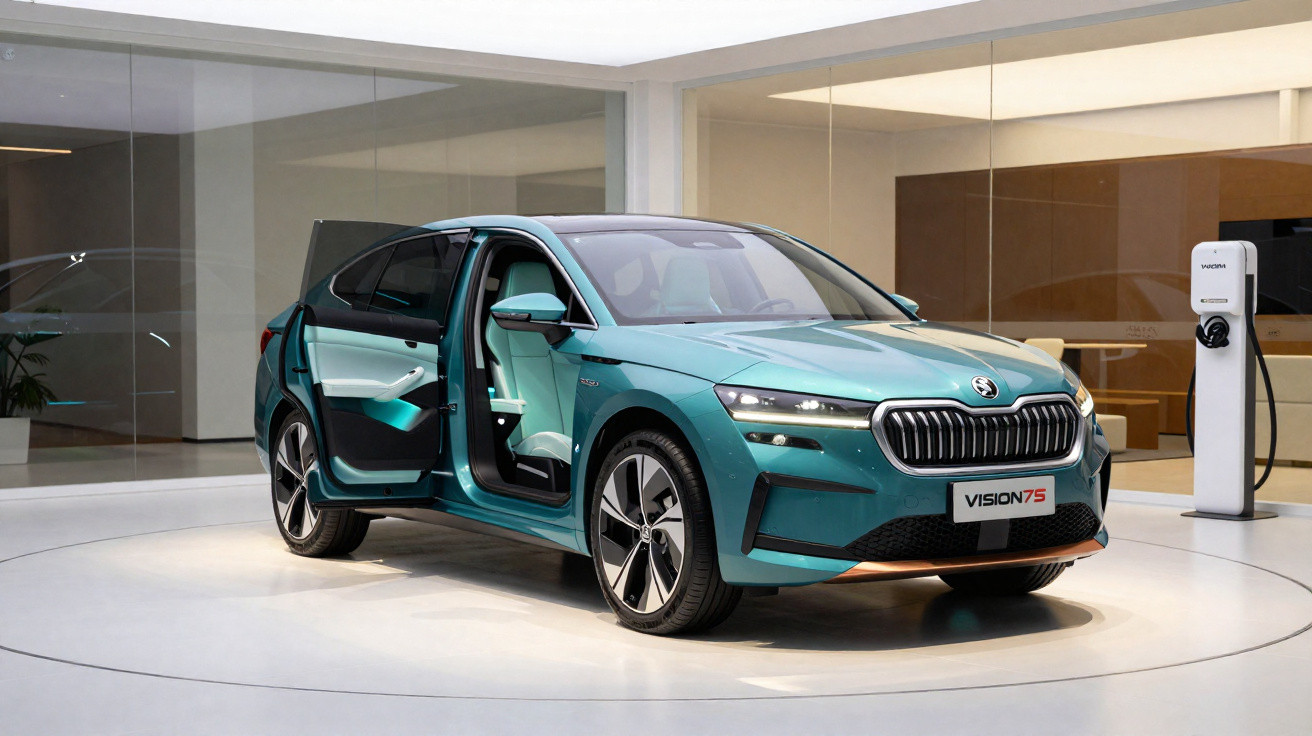 Carro elétrico azul turquesa Škoda Vision 7S em ambiente interno com portas dianteira e traseira abertas.
