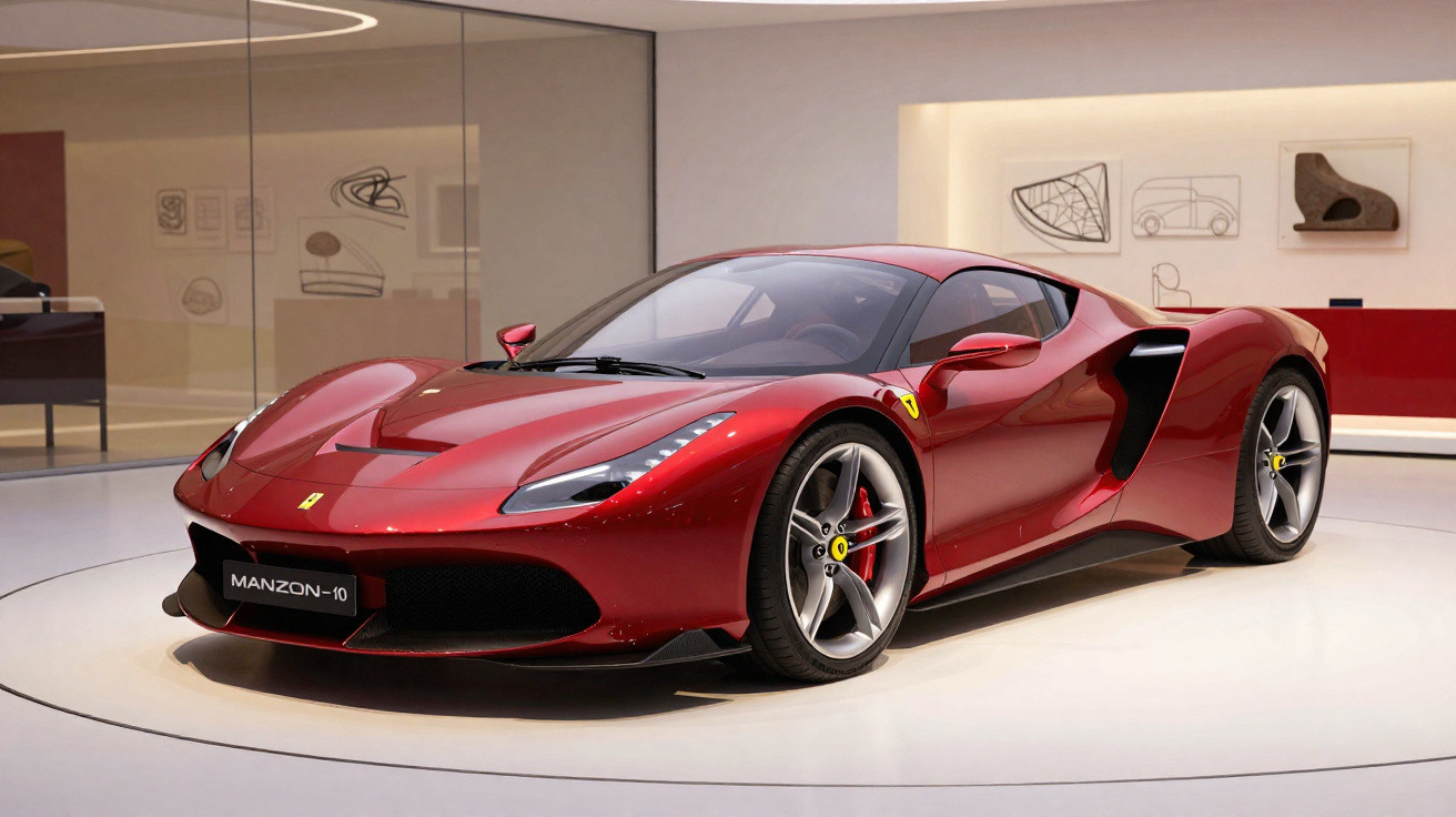 Carro esportivo vermelho Ferrari Manzon-10 exibido em ambiente moderno e minimalista.