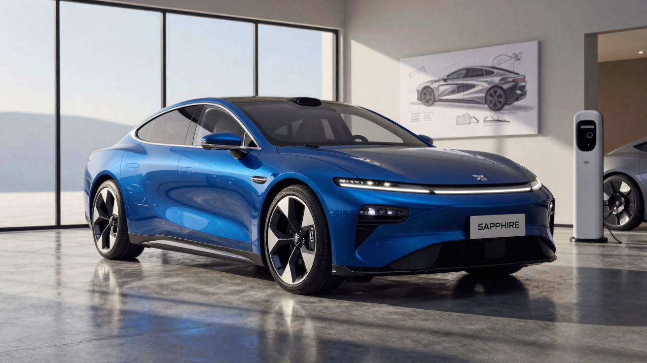 Carro elétrico esportivo azul estacionado em showroom moderno com carregador elétrico ao lado.