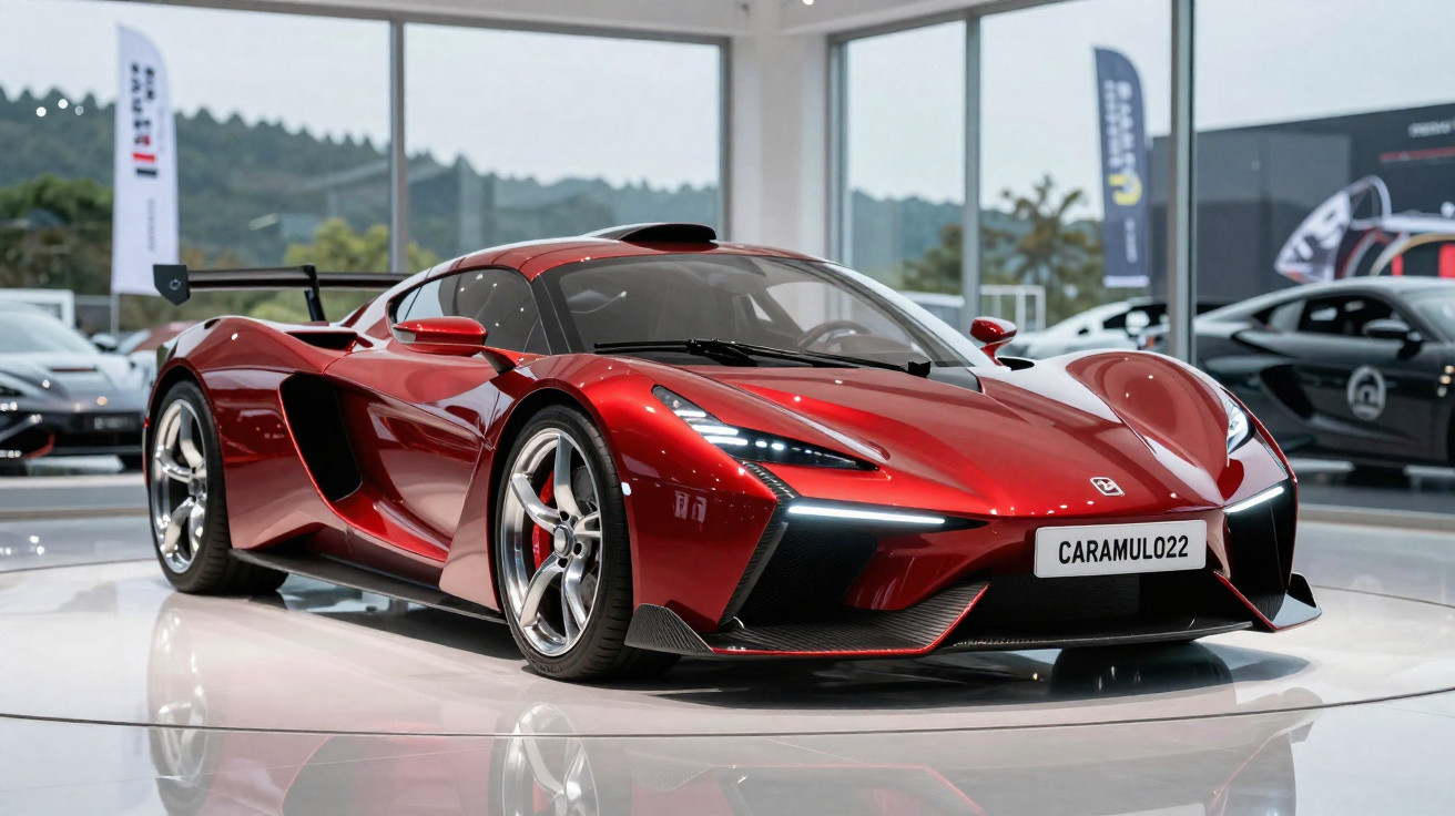 Carro esportivo vermelho com design aerodinâmico exposto em showroom moderno e iluminado.