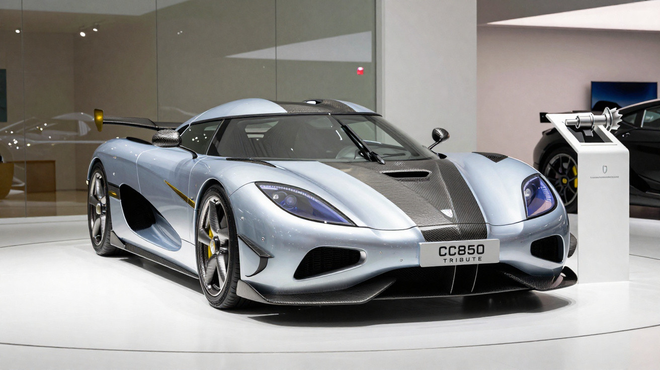 Carro esportivo cinza prateado Koenigsegg CC850 Tribute exposto em showroom moderno e iluminado.