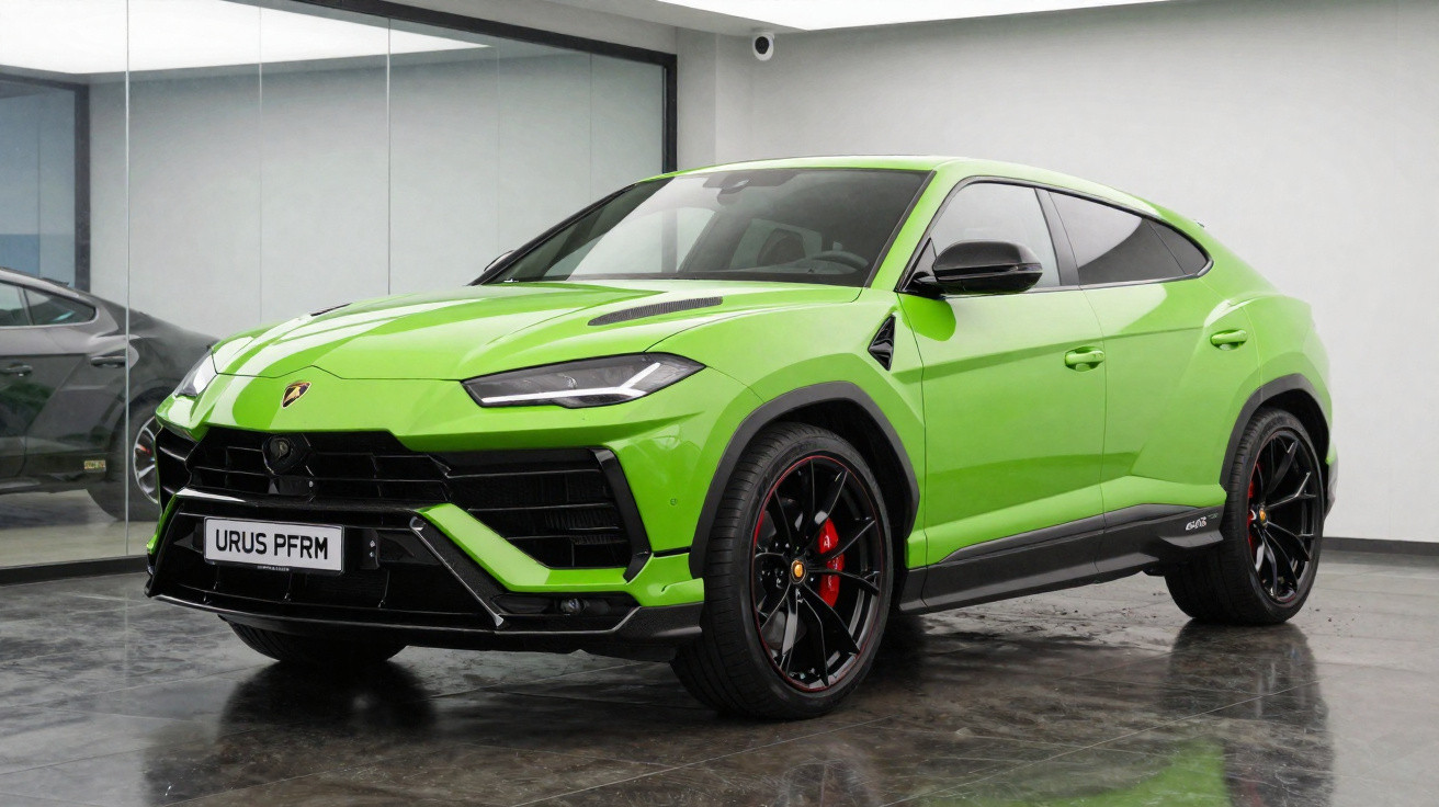 SUV Lamborghini Urus PFRM verde em showroom com rodas pretas e detalhes vermelhos.