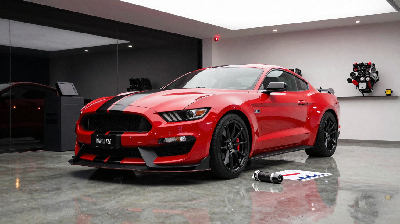 Carro esportivo vermelho com detalhes pretos estacionado em piso de concreto polido dentro de garagem moderna.