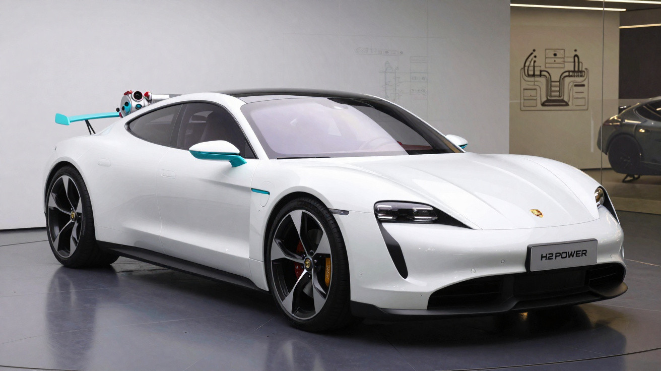 Carro esportivo branco Porsche Taycan com detalhes azuis em exposição interna, placa "H2 POWER".