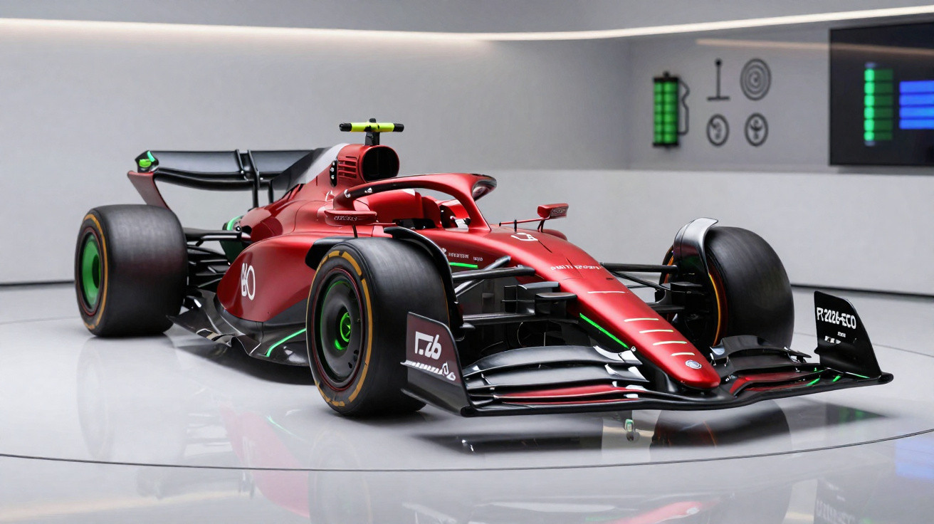 Carro de Fórmula 1 vermelho em exposição, com detalhes em verde e painéis digitais ao fundo.