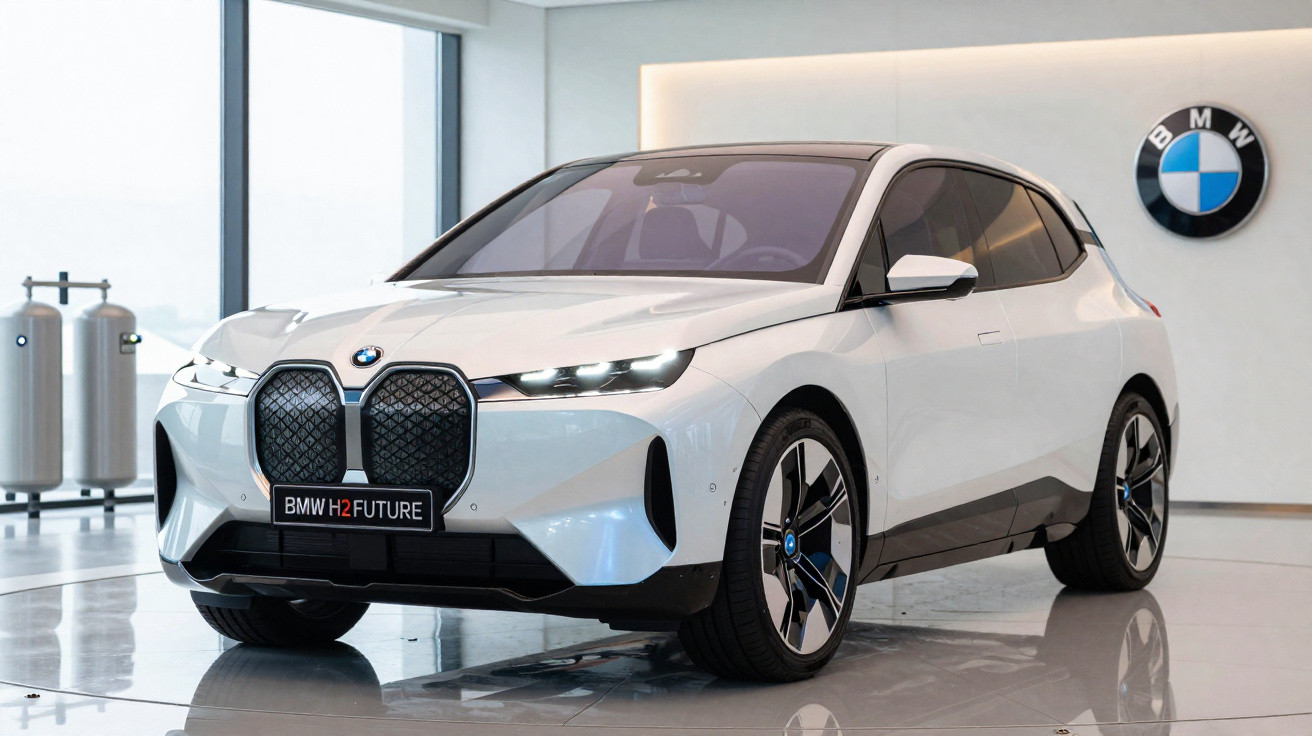 Carro elétrico BMW branco modelo H2 Future em showroom moderno com logo BMW na parede.