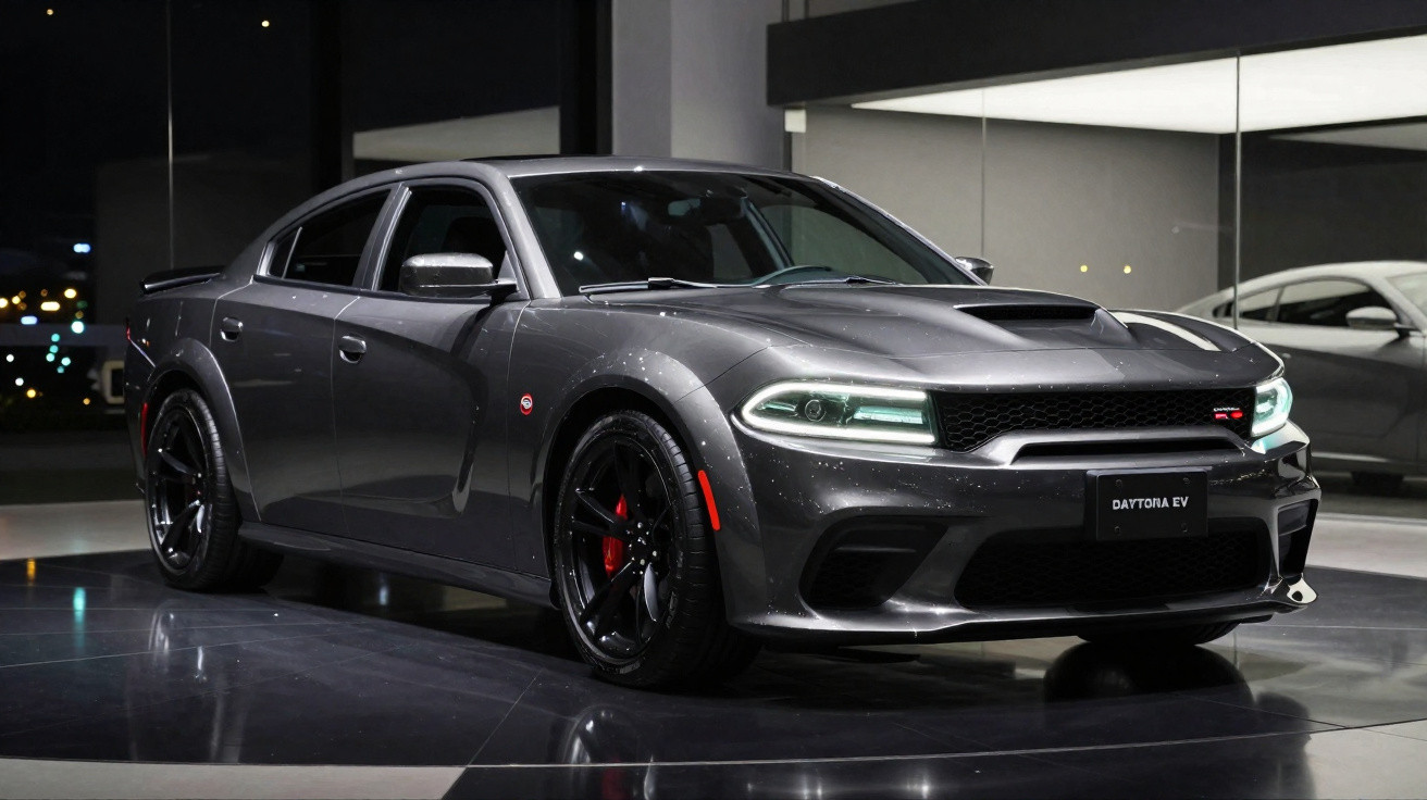 Carro esportivo cinza escuro Dodge Daytona EV estacionado em ambiente interno com reflexo no piso preto.