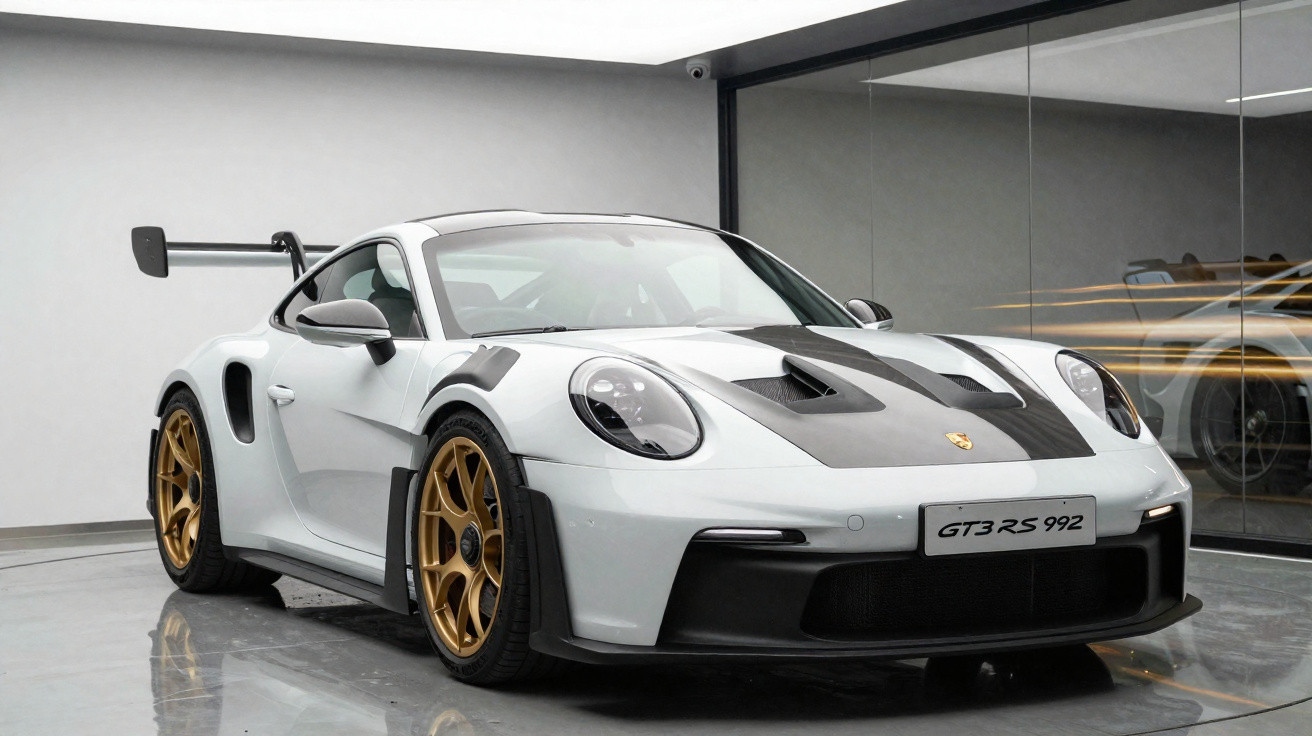 Carro esportivo Porsche GT3 RS 992 branco com detalhes pretos e rodas douradas em garagem moderna.