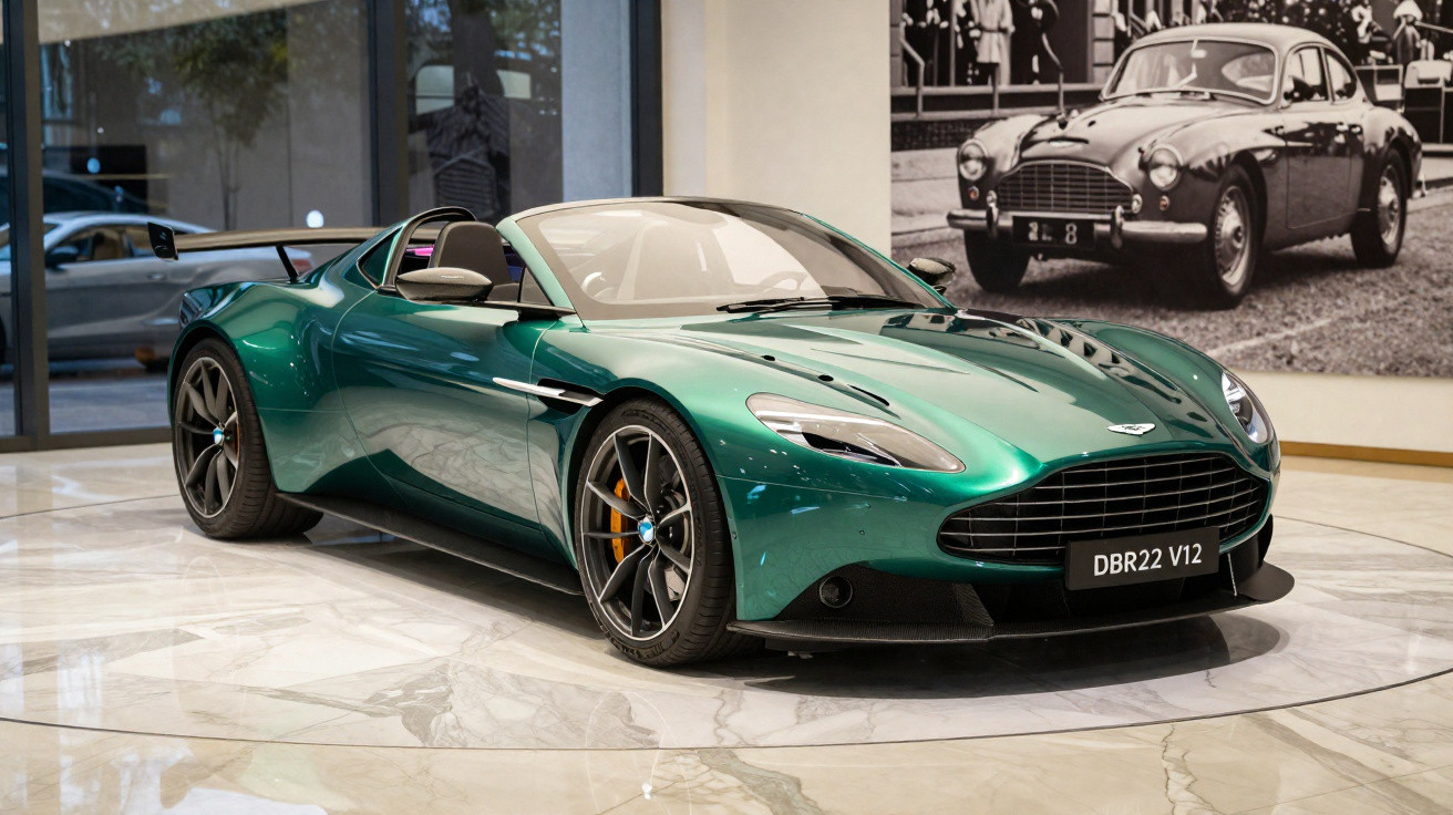 Carro esportivo conversível verde metálico Aston Martin DBR22 V12 em exposição interna.