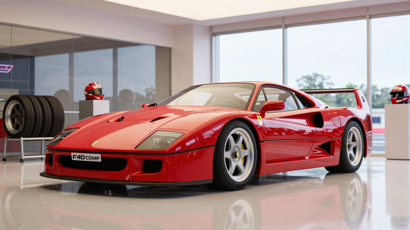 Carro esportivo Ferrari F40 vermelho brilhante estacionado em showroom moderno com piso refletivo.