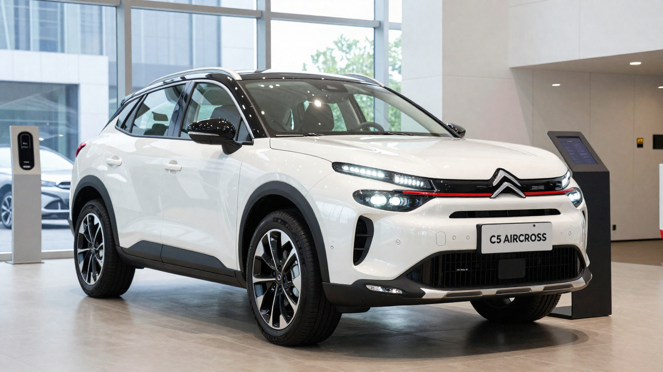 SUV branco Citroën C5 Aircross estacionado em showroom moderno com iluminação natural.