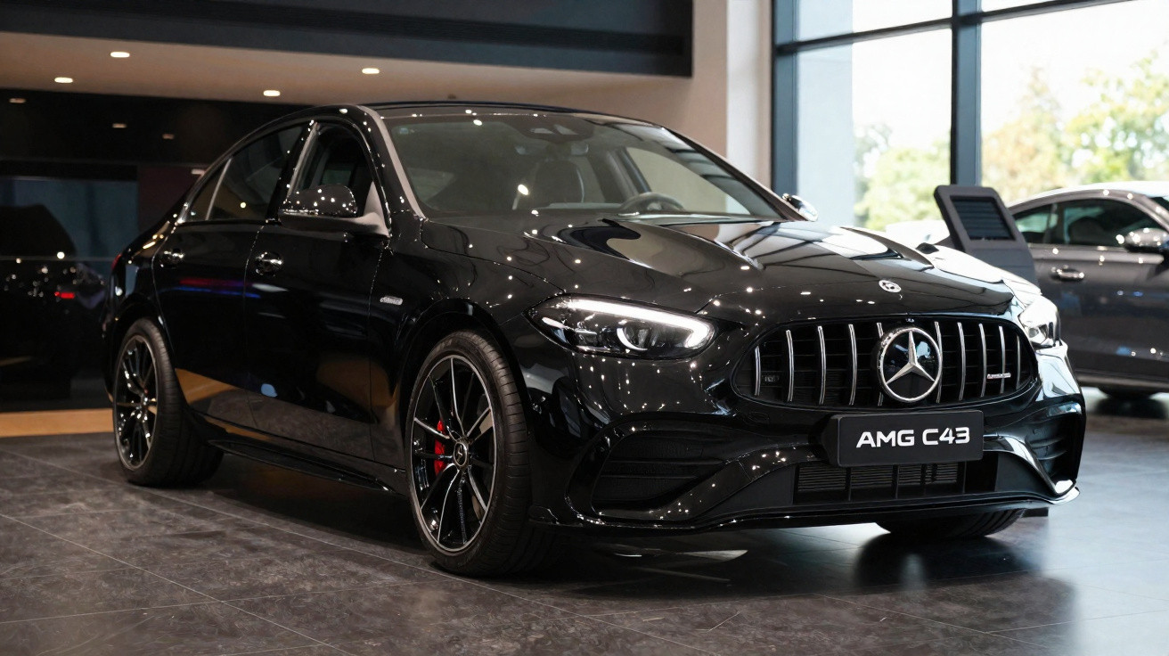 Mercedes-Benz AMG C43 preto exibido em showroom moderno com piso escuro e grandes janelas.