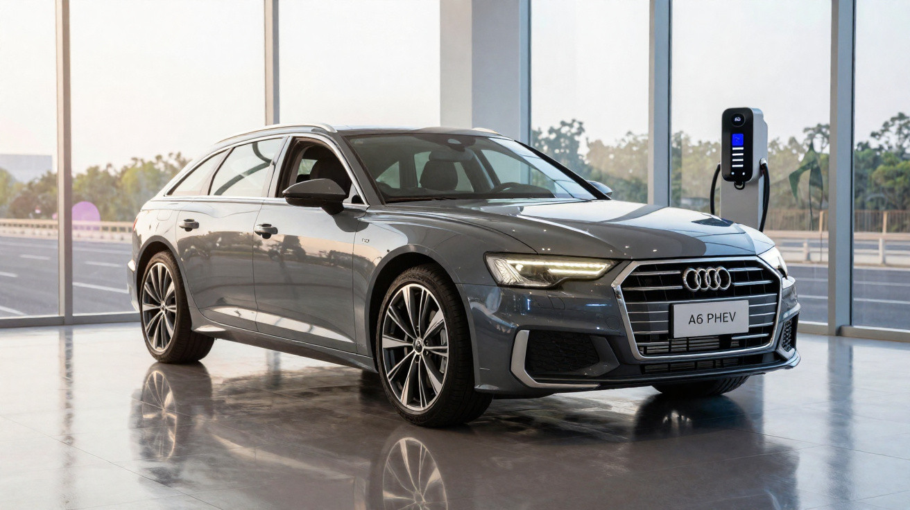 Carro elétrico Audi A6 PHEV cinza estacionado em sala com carregador conectado na parede.