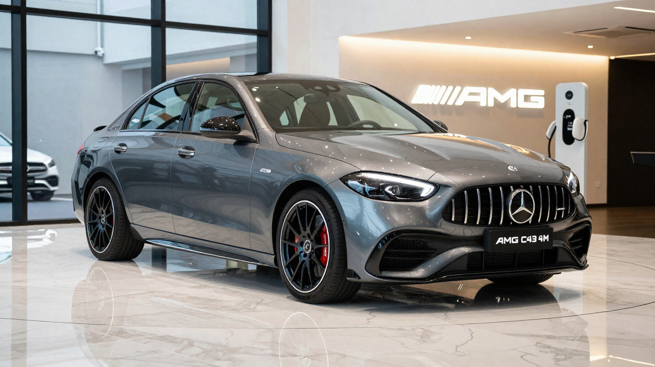 Mercedes-Benz AMG C43 4M em cinza metálico exibido em showroom moderno com piso de mármore.