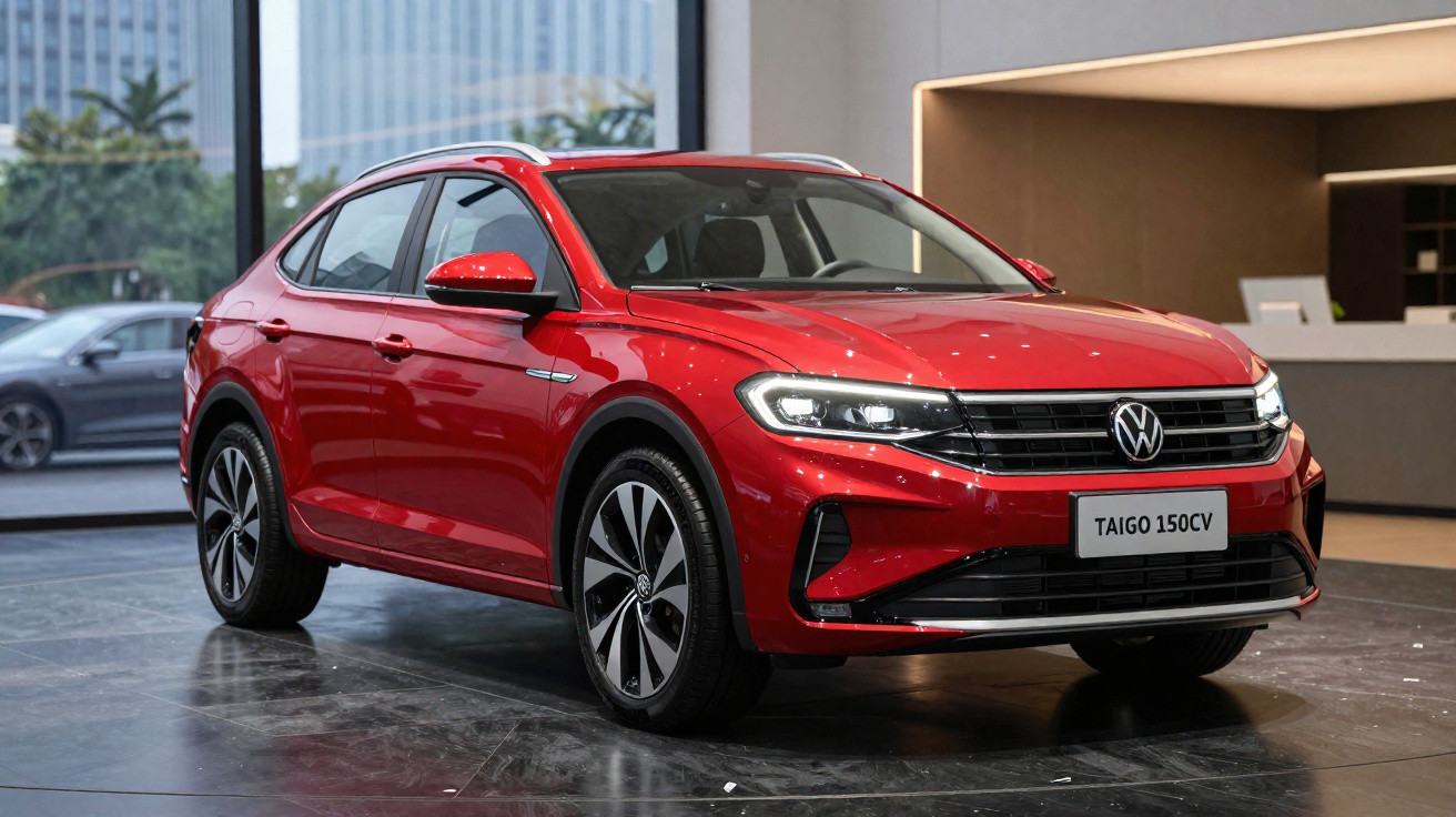 Carro Volkswagen Taigo 150CV vermelho em exposição interna com detalhes modernos e rodas esportivas.