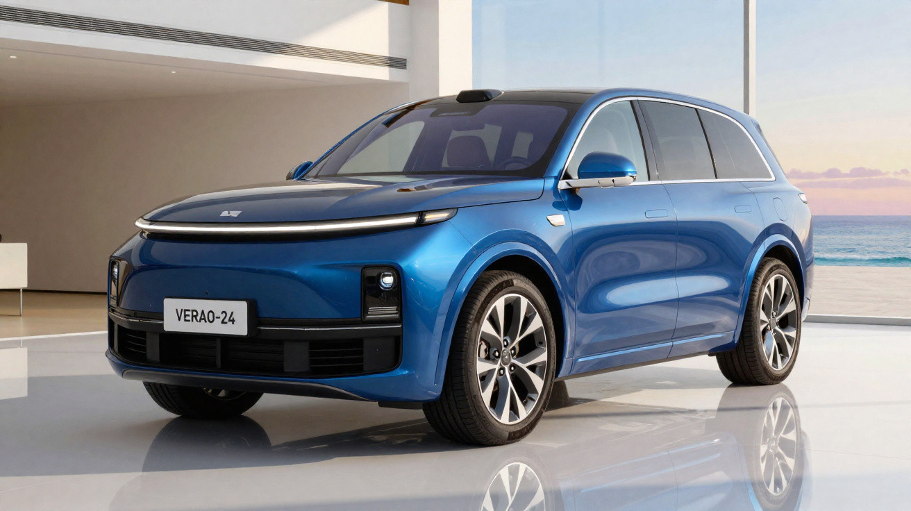 SUV elétrico azul Verão-24 estacionado em ambiente moderno com vista para o mar ao pôr do sol.
