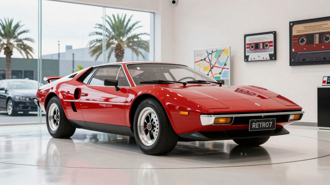 Carro esportivo vermelho clássico em exibição dentro de showroom moderno com decoração retrô.
