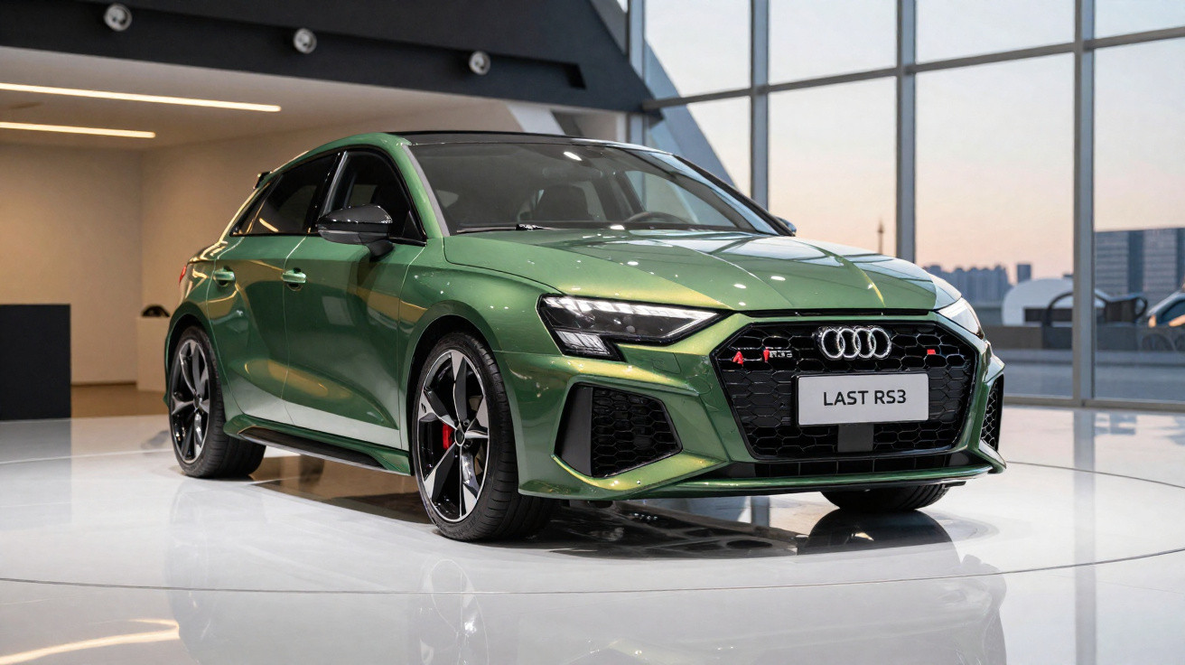 Carro Audi RS3 verde metálico exposto em ambiente interno moderno com piso branco brilhante.