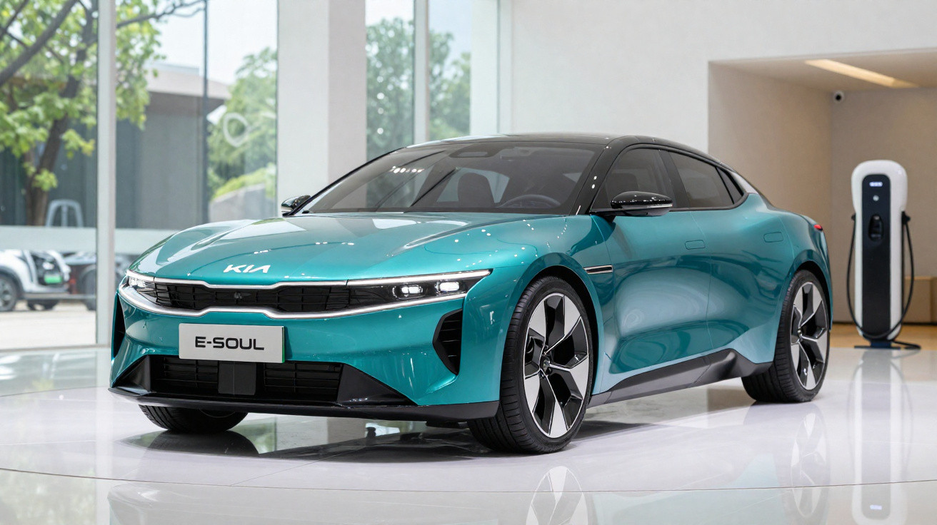 Carro elétrico Kia E-Soul azul turquesa em exposição interna com carregador ao fundo.