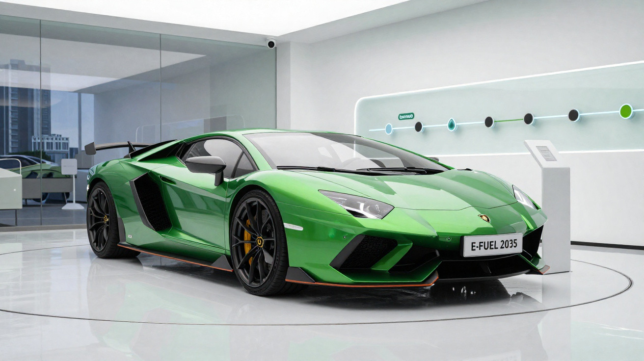 Carro esportivo verde Lamborghini exibido em showroom moderno com placa E-FUEL 2035.