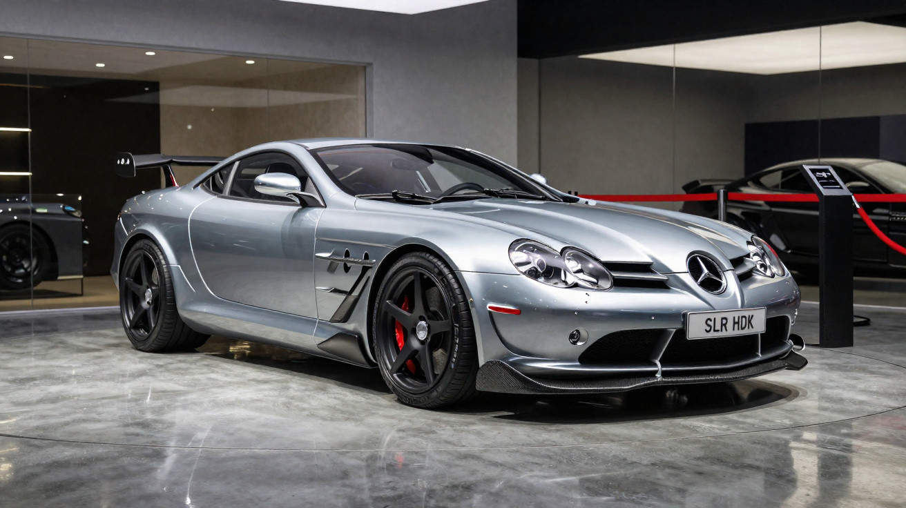 Carro esportivo prata Mercedes-Benz SLR com rodas pretas exposto em showroom moderno.