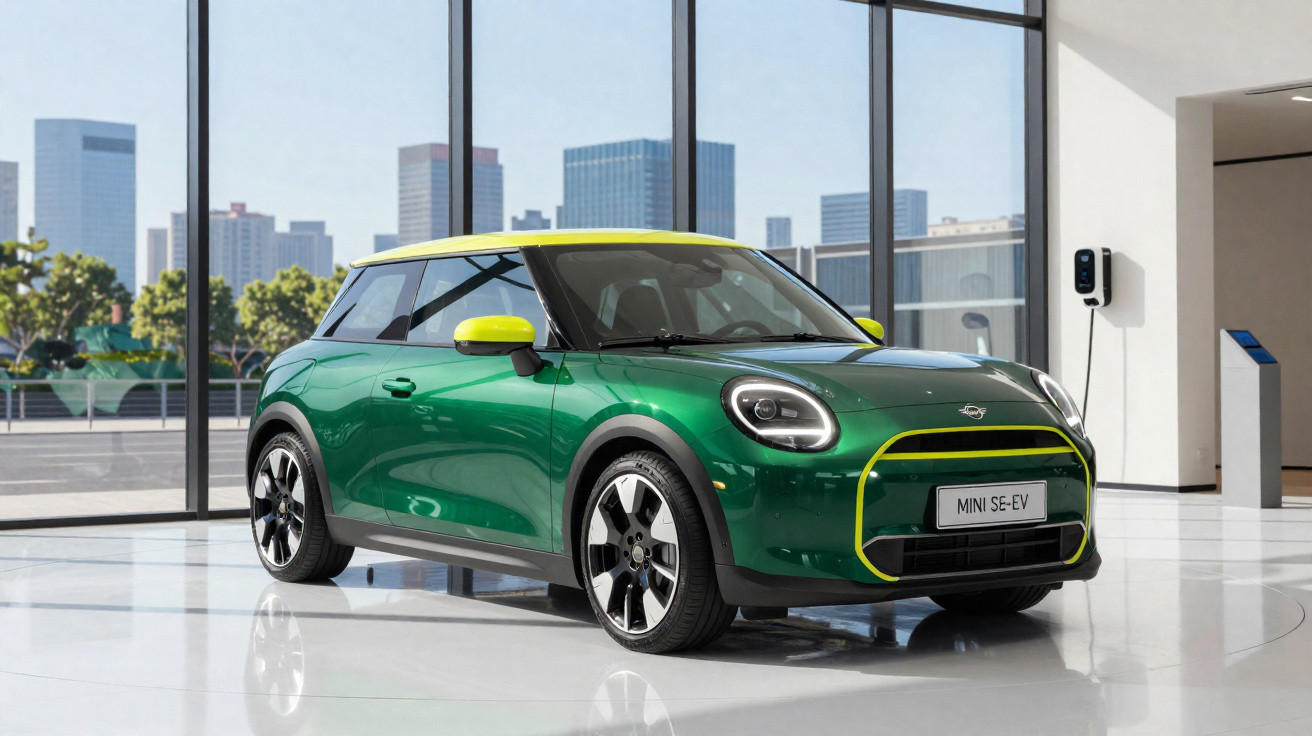 Carro elétrico Mini SE-EV verde com teto amarelo em showroom com janelas grandes e vista urbana ao fundo.