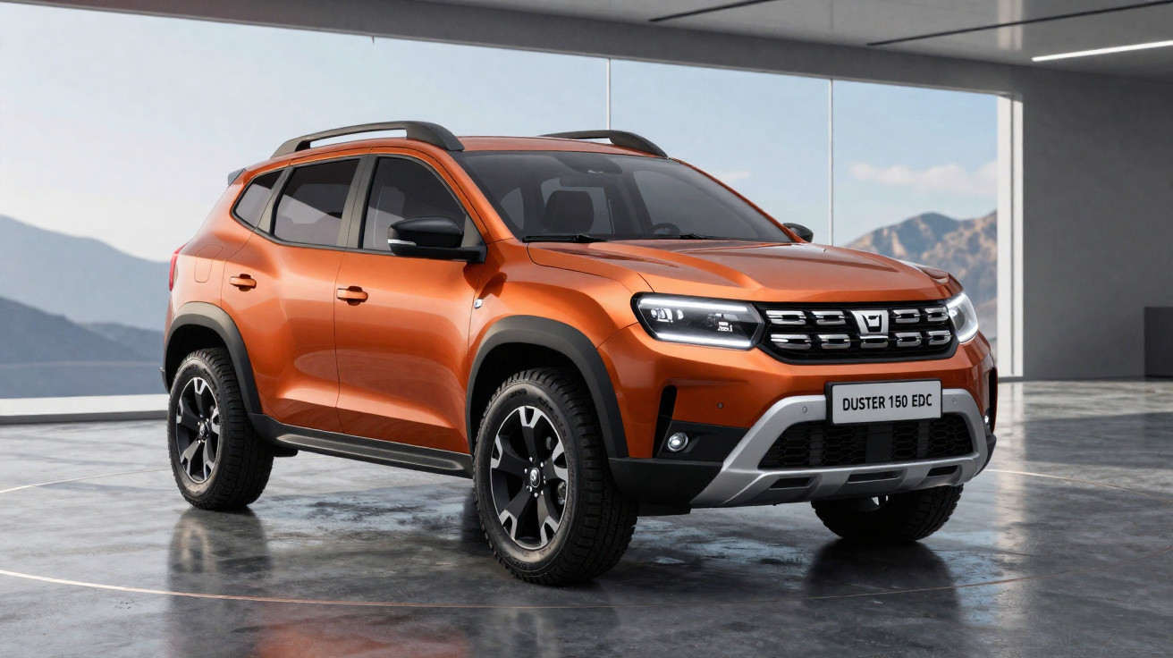 SUV laranja Duster 150 EDC estacionado em garagem com vista para montanhas ao fundo.