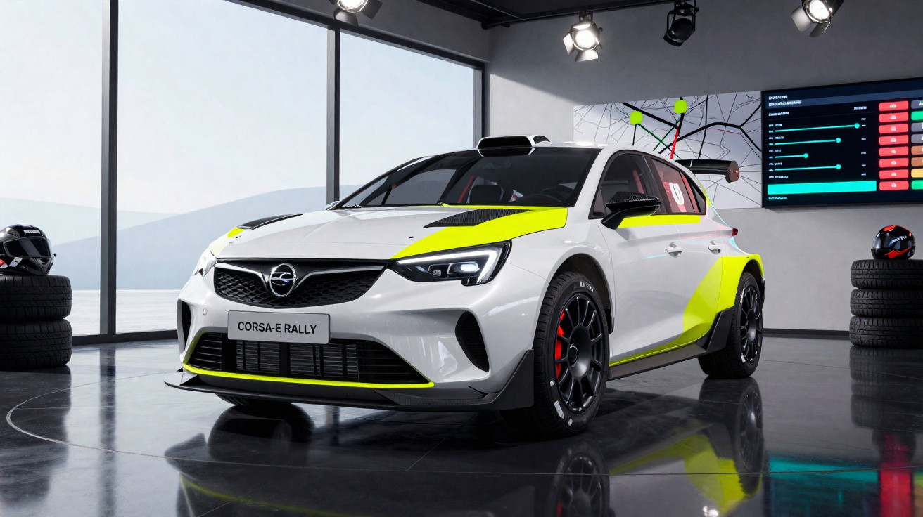 Carro de rally branco e amarelo com design esportivo e rodas pretas em showroom moderno iluminado.