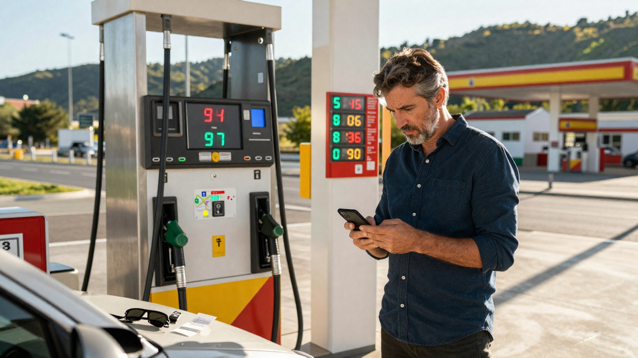 Homem de camisa azul consulta celular próximo a bomba de combustível em posto de gasolina ao ar livre.