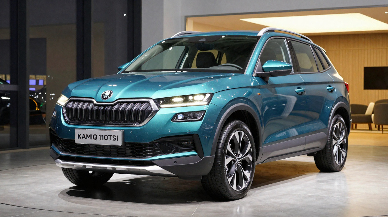 Carro SUV Skoda Kamiq 110 TSI azul exibido em showroom moderno e iluminado.