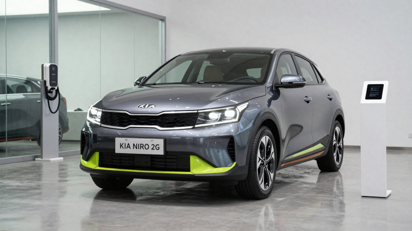 Carro elétrico Kia Niro 2G cinza estacionado em showroom com estação de carregamento ao lado.