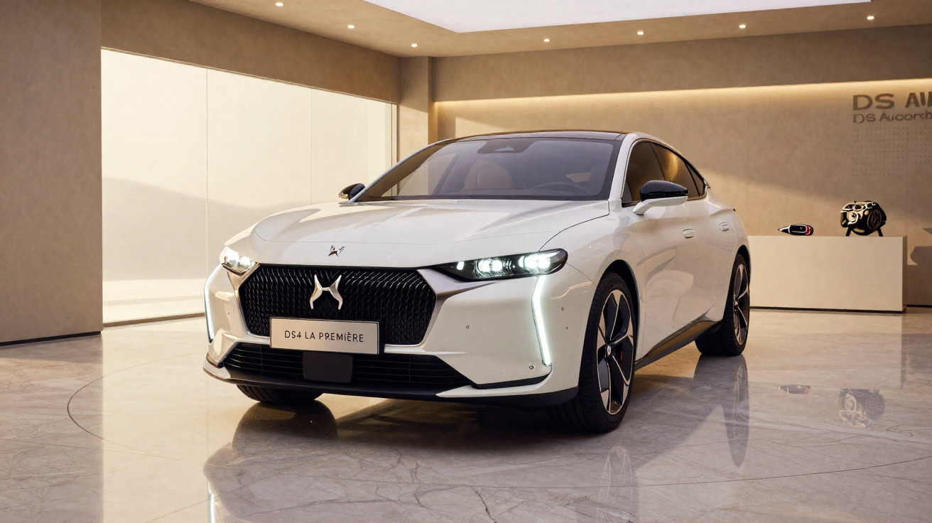 Carro branco DS 4 LA PREMIÈRE em showroom com piso de mármore e iluminação moderna.