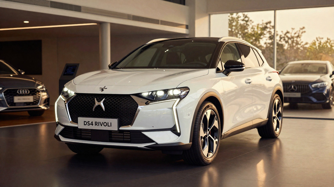 Carro DS4 Rivoli branco exibido em exposição interna com faróis acesos e outros carros ao fundo.
