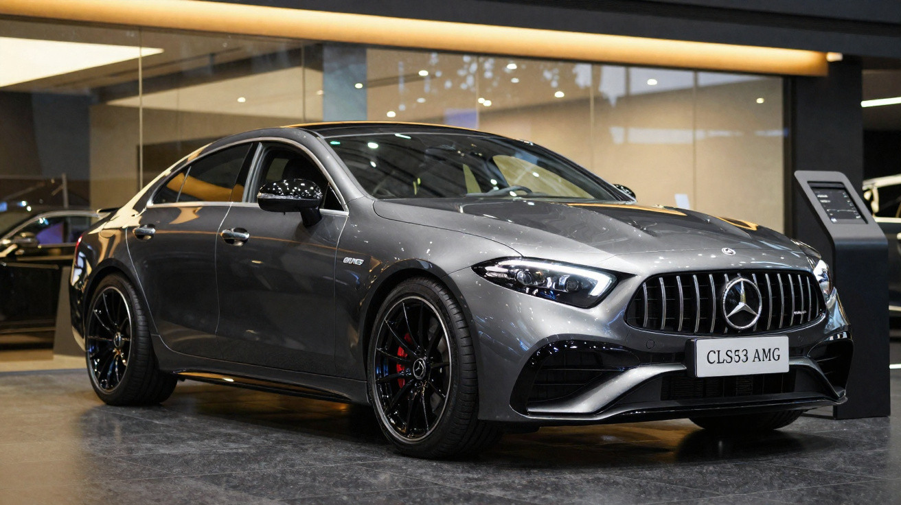 Carro esportivo Mercedes-Benz CLS53 AMG cinza estacionado em showroom moderno com iluminação amarela.