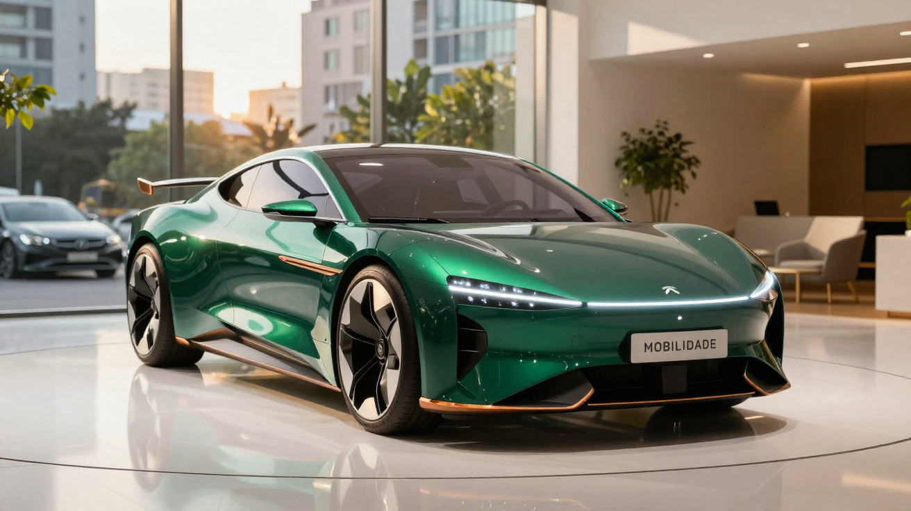 Carro esportivo elétrico verde exibido em showroom moderno e iluminado com grandes janelas.