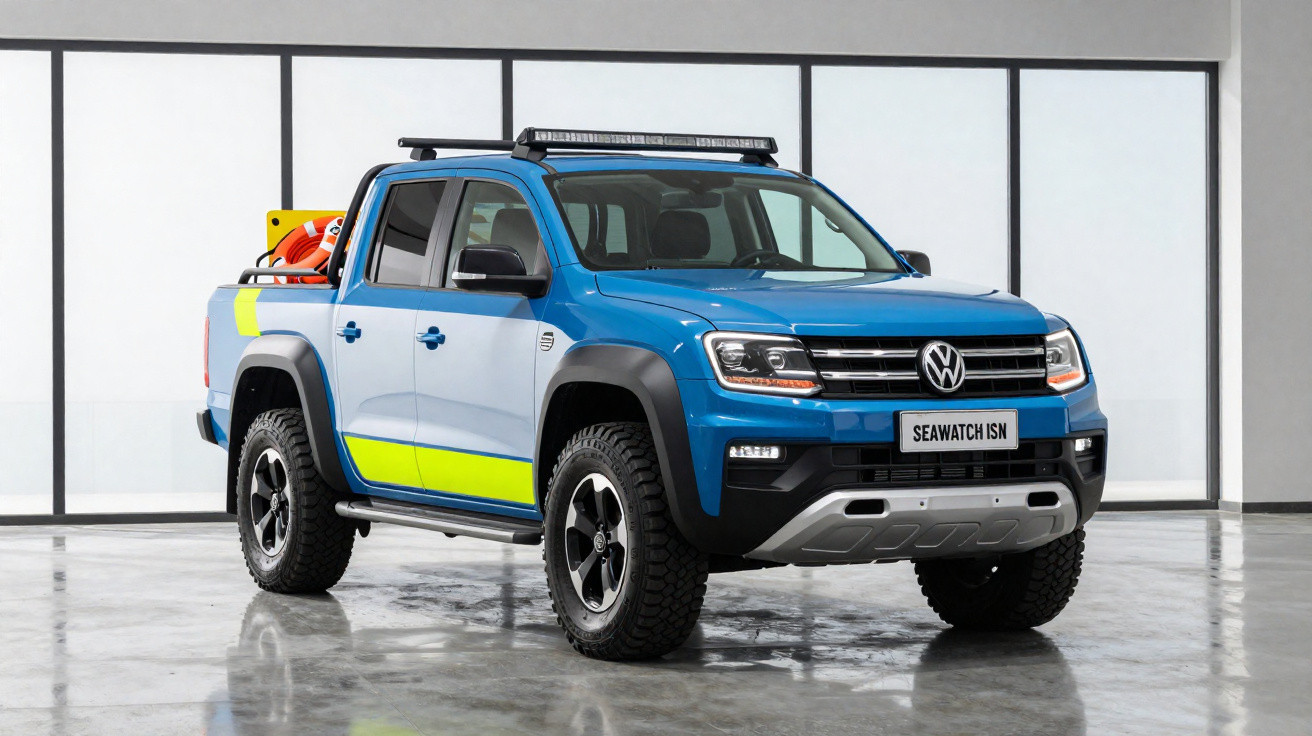 Picape Volkswagen azul com faixa amarela, equipada para resgate marítimo em ambiente interno.