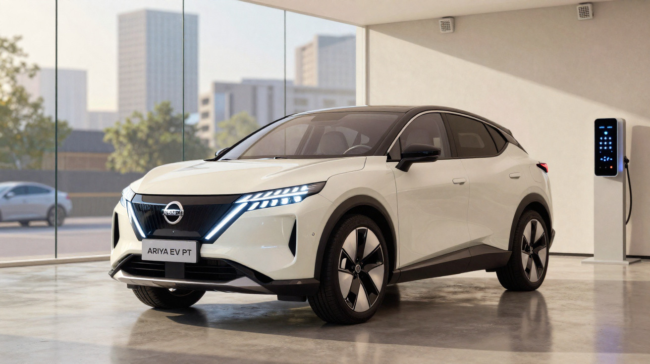 Carro elétrico Nissan Ariya EV PT branco estacionado em ambiente interno moderno com carregador ao fundo.