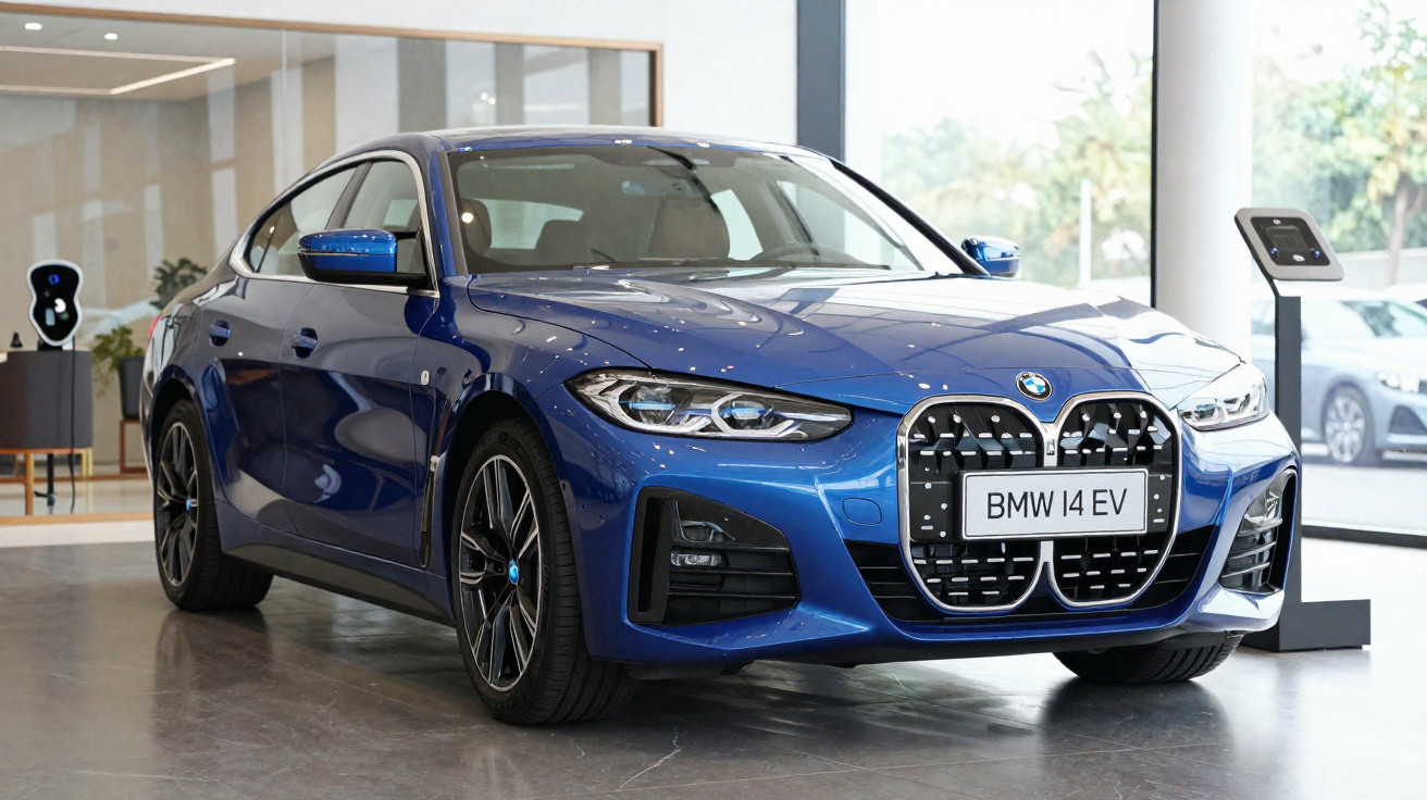 Carro elétrico BMW i4 EV azul exposto em showroom moderno com piso cinza e paredes claras.