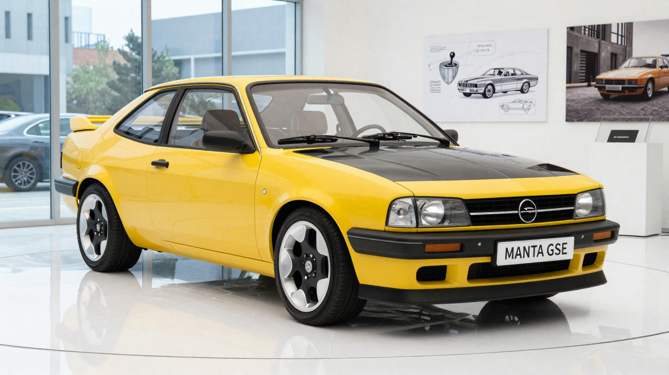 Carro esportivo clássico Opel Manta GSE amarelo com capô preto em exposição interna.