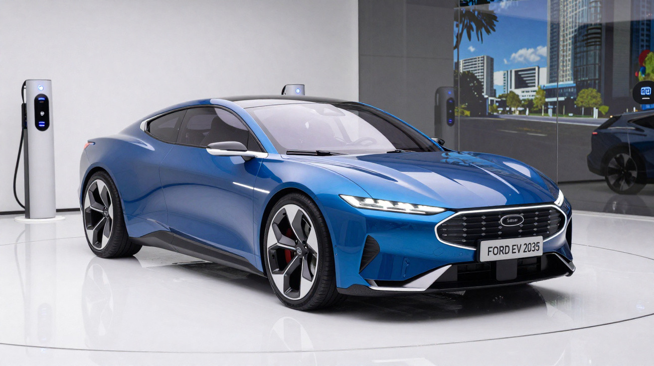 Carro esportivo elétrico azul Ford EV 2035 carregando em estação, cenário moderno com reflexo de cidade.